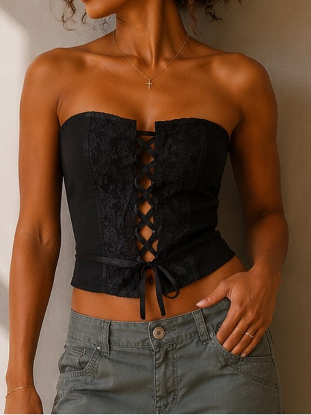 Vintage “Flashlights” Tie Up Black Bustier Corset Top